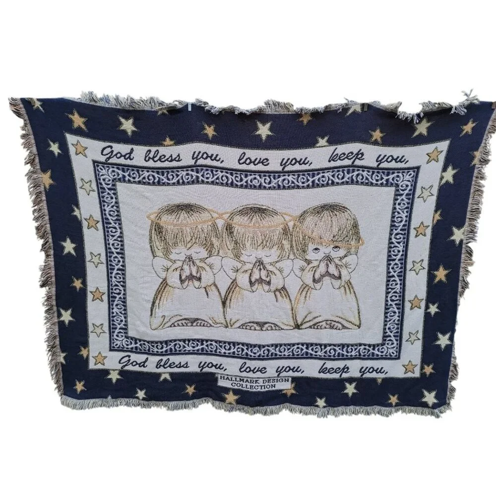 Vintage Goodwin Weavers Fringed Hallmark Cherub Angel Tapestry Throw Blanket USA